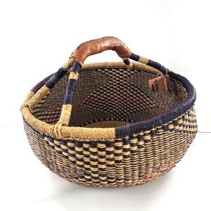 Large Hand Woven Natural African Market Basket Leather Handle 16” Reshapeable